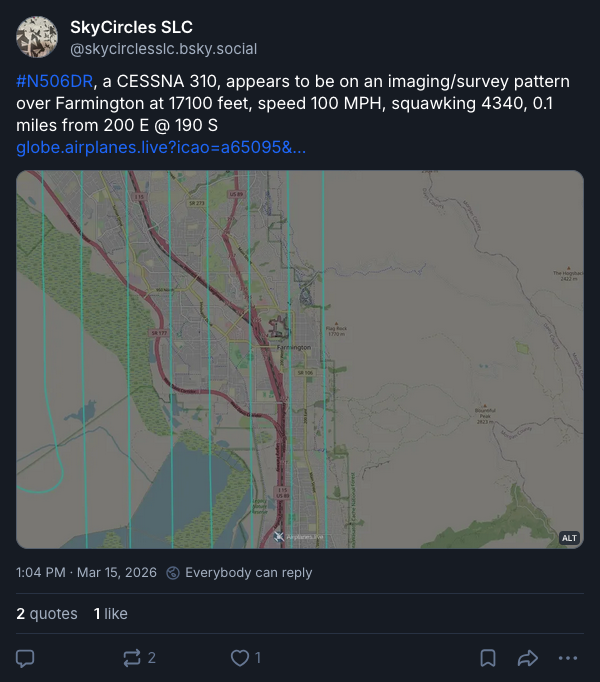 A screenshot of a Bluesky post of an imaging/survey flight detected by the bot